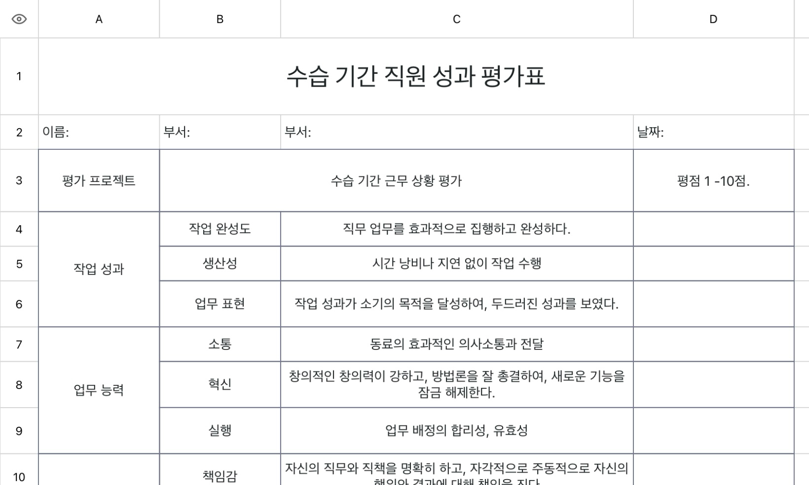 수습 기간 직원 성과 평가표